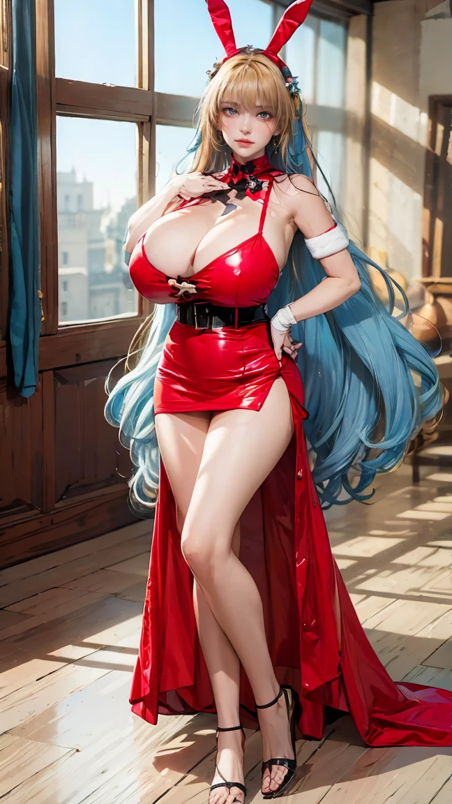 Best quality, masterpiece, ultra high res, raw photo, beautiful and aesthetic,deep shadow, dark theme,(ultra detailed:1.3),
1girl, dynamic pose, Headdress, (beautiful face, detailed eye:1.2), embarrassed, (busty breasts, gigantic breasts:1.1), drill hair, long hair, blonde hair, gradient hair, yellow eyes, solo, big hair, blue hair, divine goddess, looking at viewer, indoors, royal palace, medieval bedroom, astraea, full body, tutututu, bare shoulders, belt, crop top, red pencil skirt, miniskirt,christmas_dress,fur trim, red fingerless gloves, midriff, santa costume, rabbit tail, rabbit ears, fake animal ears,