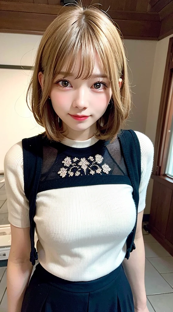 (8K, Raw photo:1.2),Detailed face and eyes,Best Quality, 超A high resolution, Highly detailed ,intricate detailes ,masutepiece ,Cute Girl , Soft cinematic light, Hyper-detailing,Sharp Focus, High quality,a blond, bob cuts, tits out, knit, long skirt