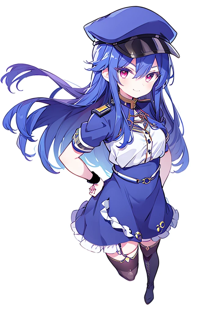 (masterpiece),best quality, perfect face, 1girl, evil smile, hands on waist, beautiful, blue hair, blue hair, floating clothes, waist grab, grabbing waist, red eyes, hands on hips, legs on ground, flat chest, military suit, uniform, miniskirt, black leather thigh boot, leather gloves, white background, military uniform, military, looking at the viewer, military hat