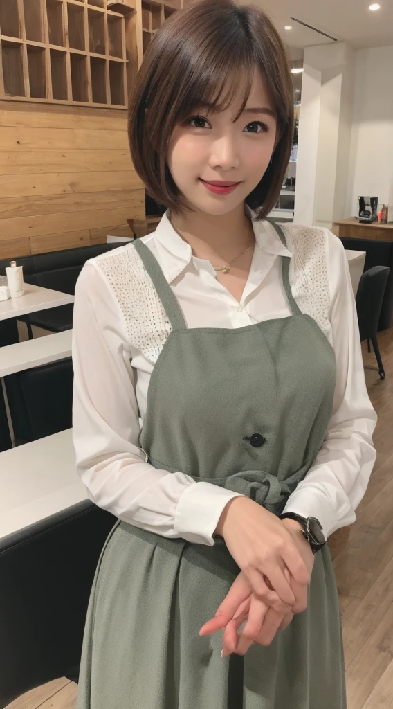 Tabletop, Highest quality, figure, Super detailed, In detail, High resolution, 8k wallpaper, Perfect dynamic composition, 1 beautiful girl, Beautiful attention to detail, Girly blouse, Long skirt, Medium Hair, Bob Hairstyle, Normal chest, Hand sign pose, Color Lip, Random Pause,smile, Open your mouth:0.8, In a fashionable café, 20-year-old girl