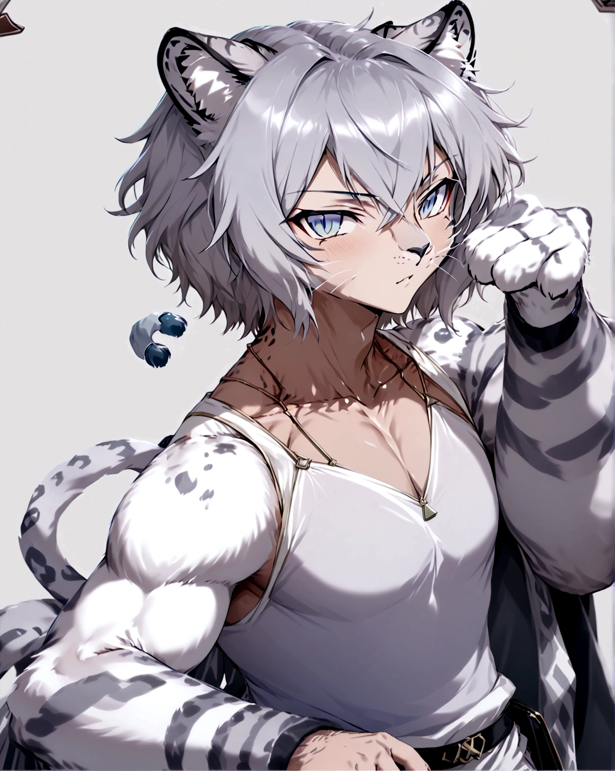 muscular man with snow leopard ears and tail