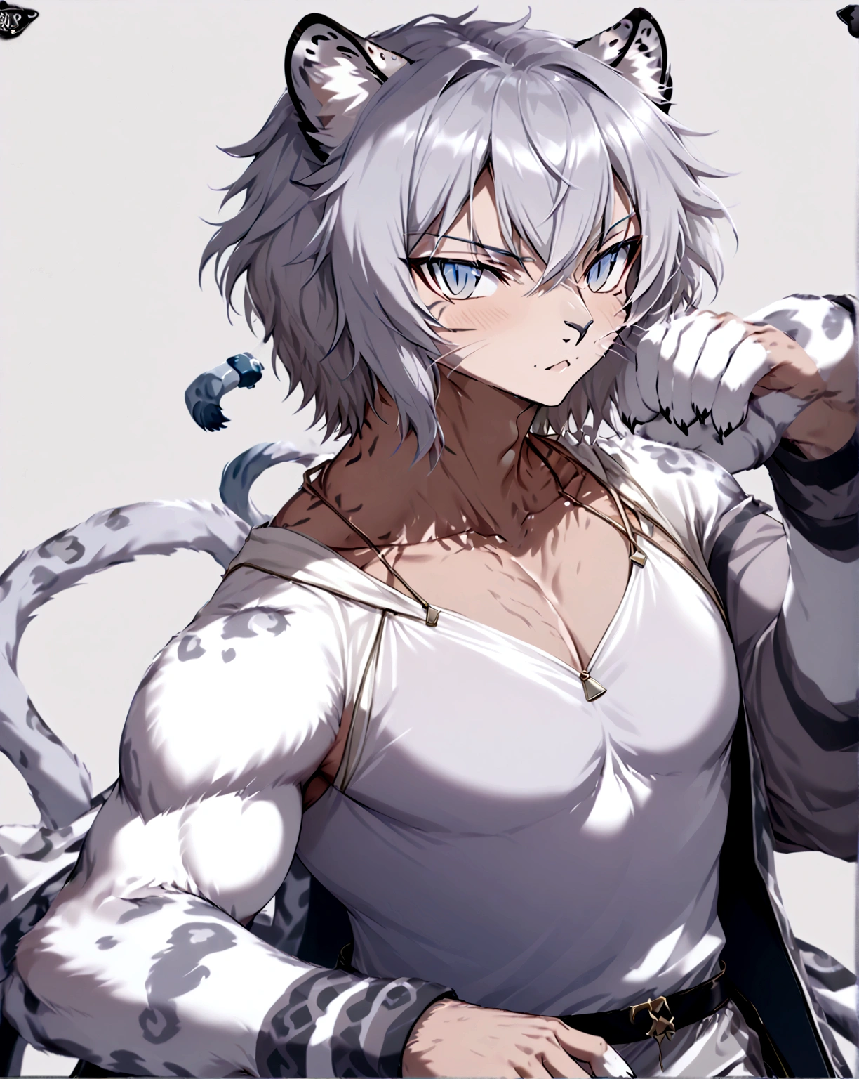 muscular man with snow leopard ears and tail