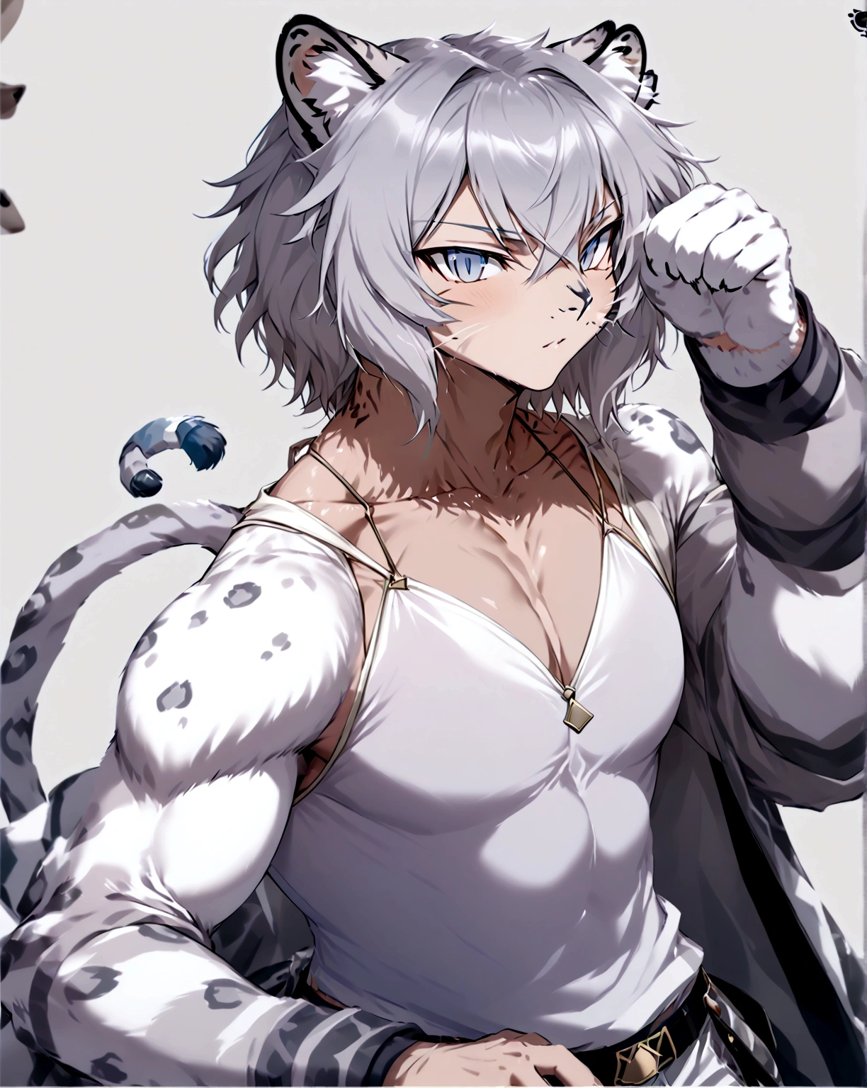 muscular man with snow leopard ears and tail