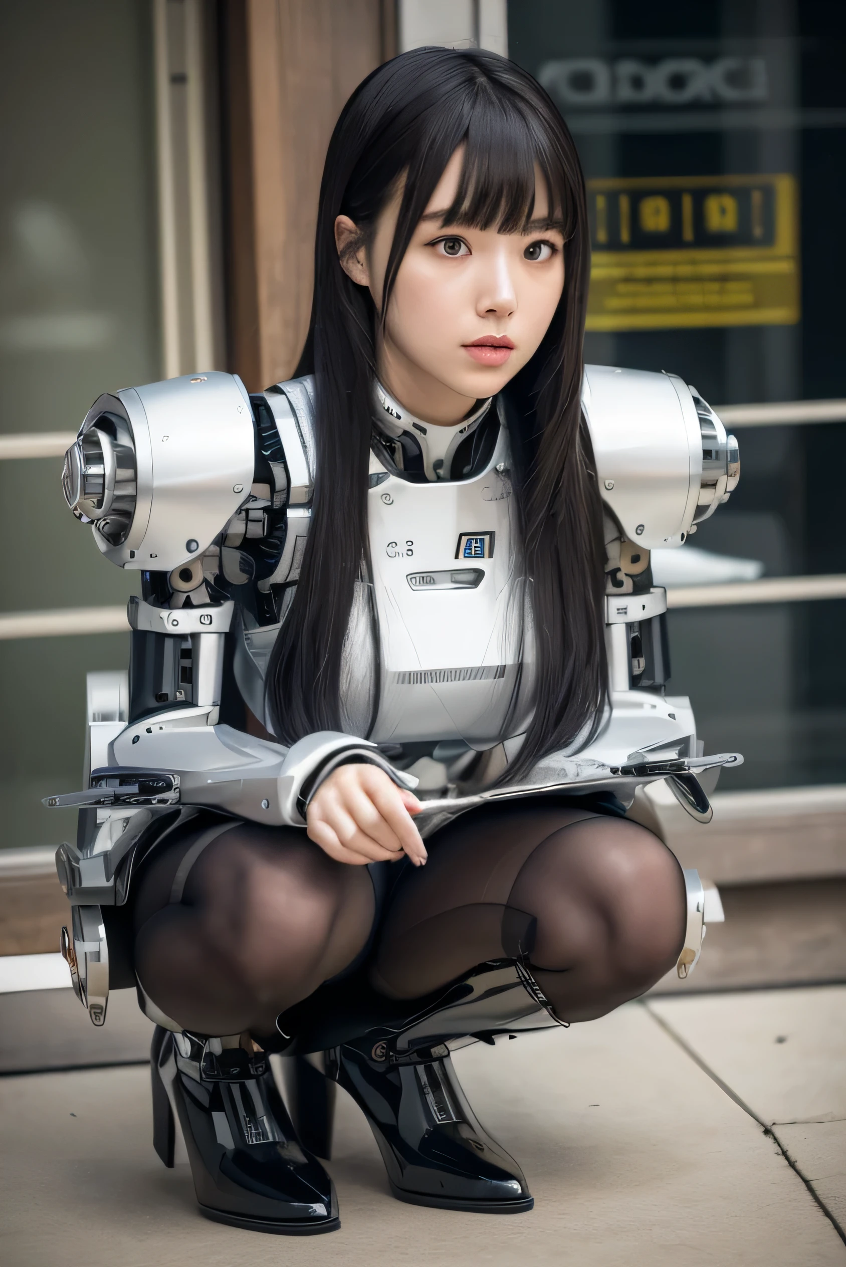 masterpiece, best quality, extremely detailed, Japaese android girl,Plump,squat,control panels,android,Droid,Mechanical Hand, Robot arms and legs, Black Robot Parts,Black hair,Mechanical body,Blunt bangs,White robotics parts,perfect robot girl,thick cable connected her neck,ceramic body,loose boots,android,robot,humanoid,cyborg,chubby,empty eyes,beige pantyhose