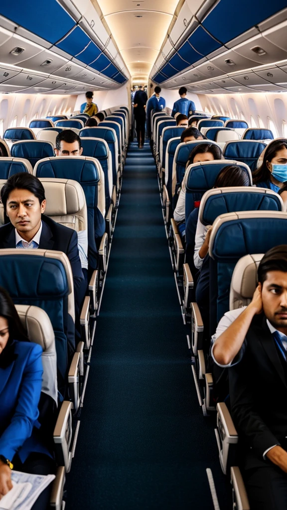 Inside the airplane cabin, passengers in their seats bracing for impact, expressions of fear and tension.