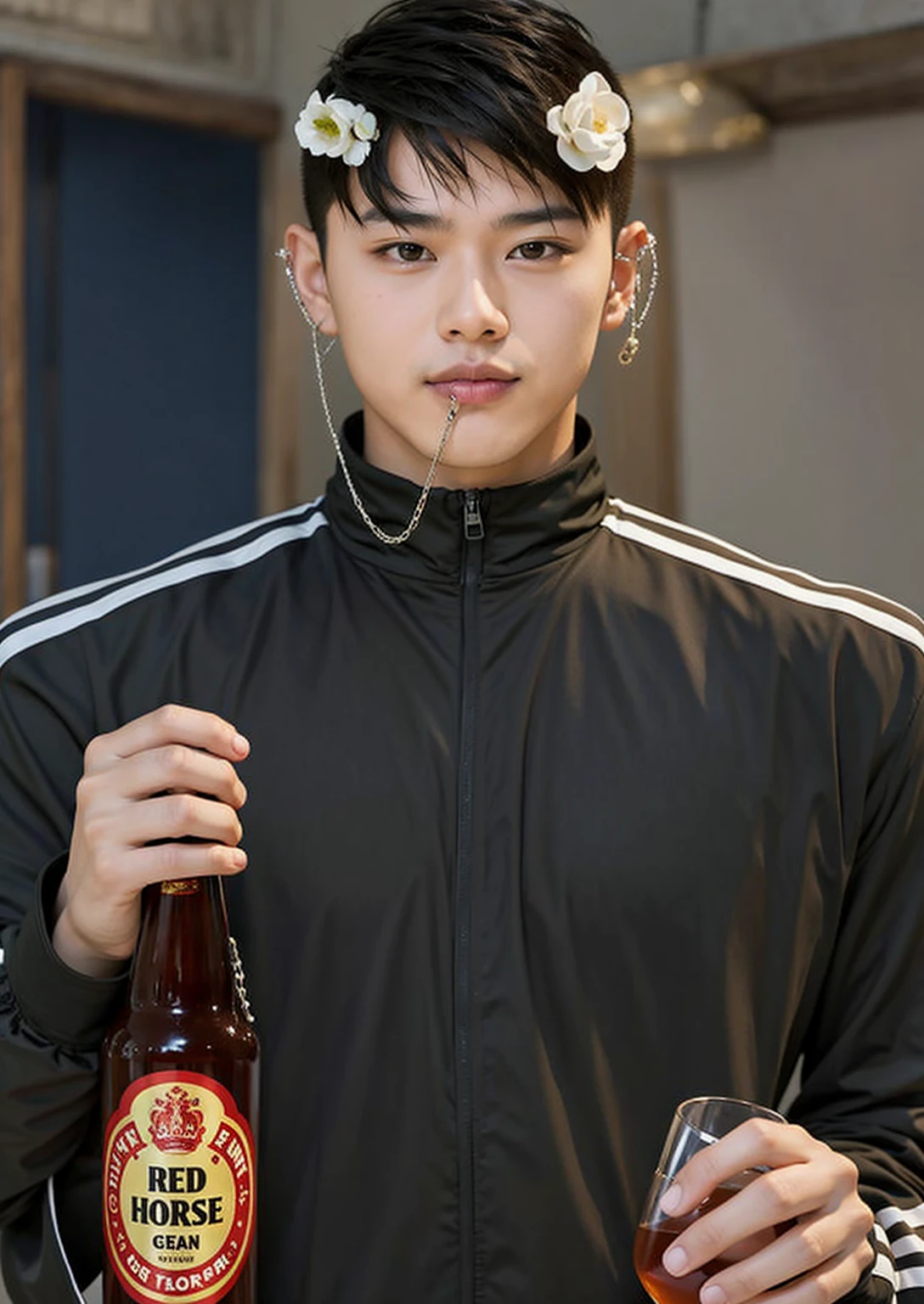 Asian boy, good lighting, smooth hair, glossy skin, blur background, high quality, 8k resolution, holding beer bottle and glass
