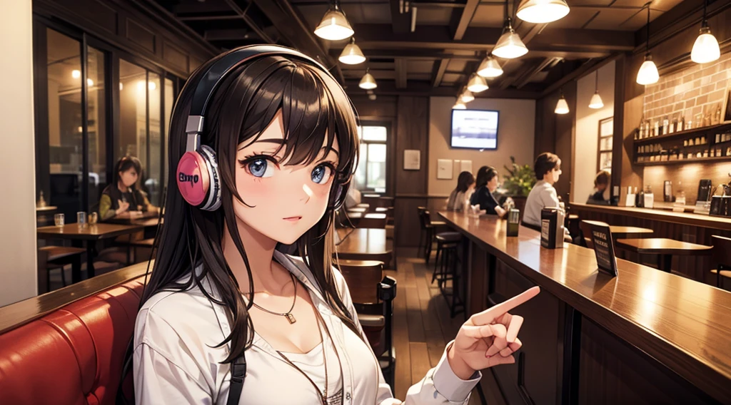 Girl with headphones enjoying music in a cafe　I am studying　Emphasize a little bit of the chest