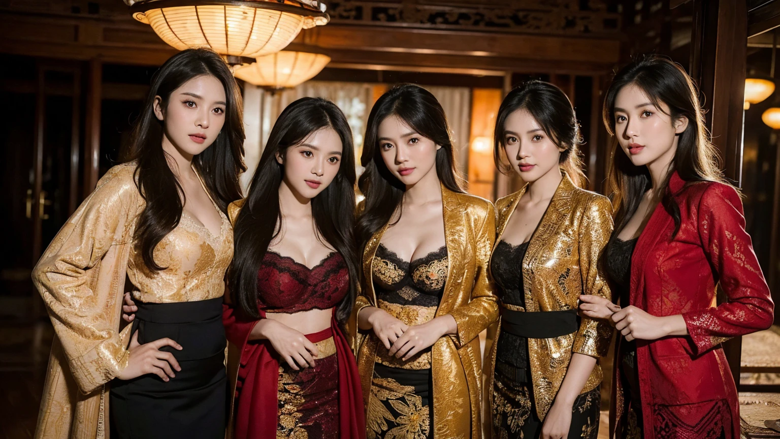Potrait of 3 wife Indonesian-chinese girl and ((1 man husband coat )), Polygamy,long fashion hair, fit body, small cleavage, skintight black lace kebaya, batik skirt, masterpiece, highly detailed, ultra hd, 8k, detailed face, bright eyes, perfect eyes, detailed skin texture, detailed lips, sexy lips, perfect hands, dynamic angle, cowboy shot, rich family