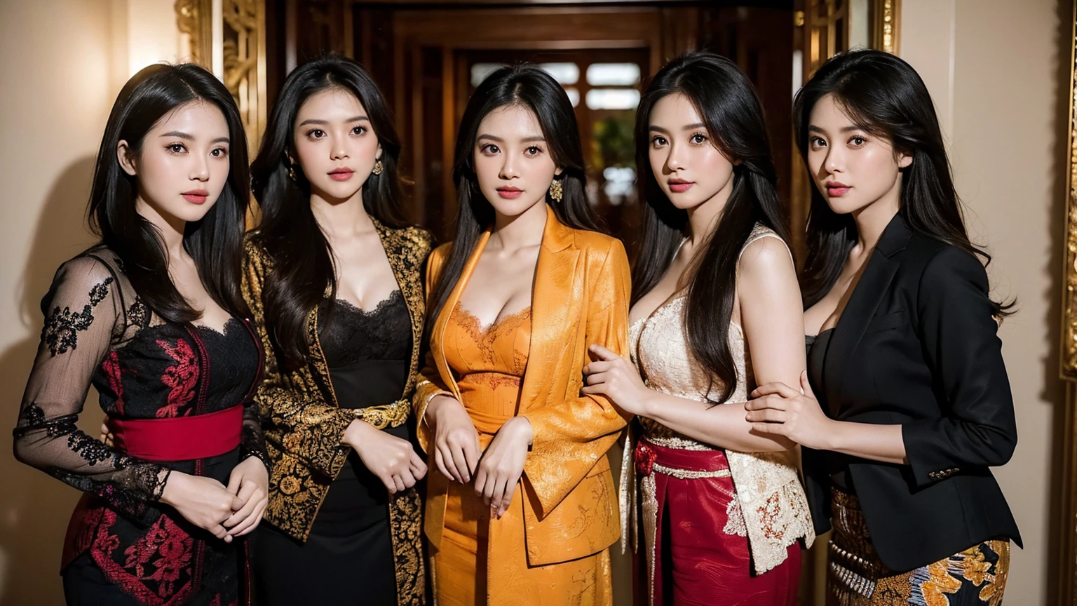 Potrait of 3 wife Indonesian-chinese girl and ((1 man husband coat )), Polygamy,long fashion hair, fit body, small cleavage, skintight black lace kebaya, batik skirt, masterpiece, highly detailed, ultra hd, 8k, detailed face, bright eyes, perfect eyes, detailed skin texture, detailed lips, sexy lips, perfect hands, dynamic angle, cowboy shot, rich family