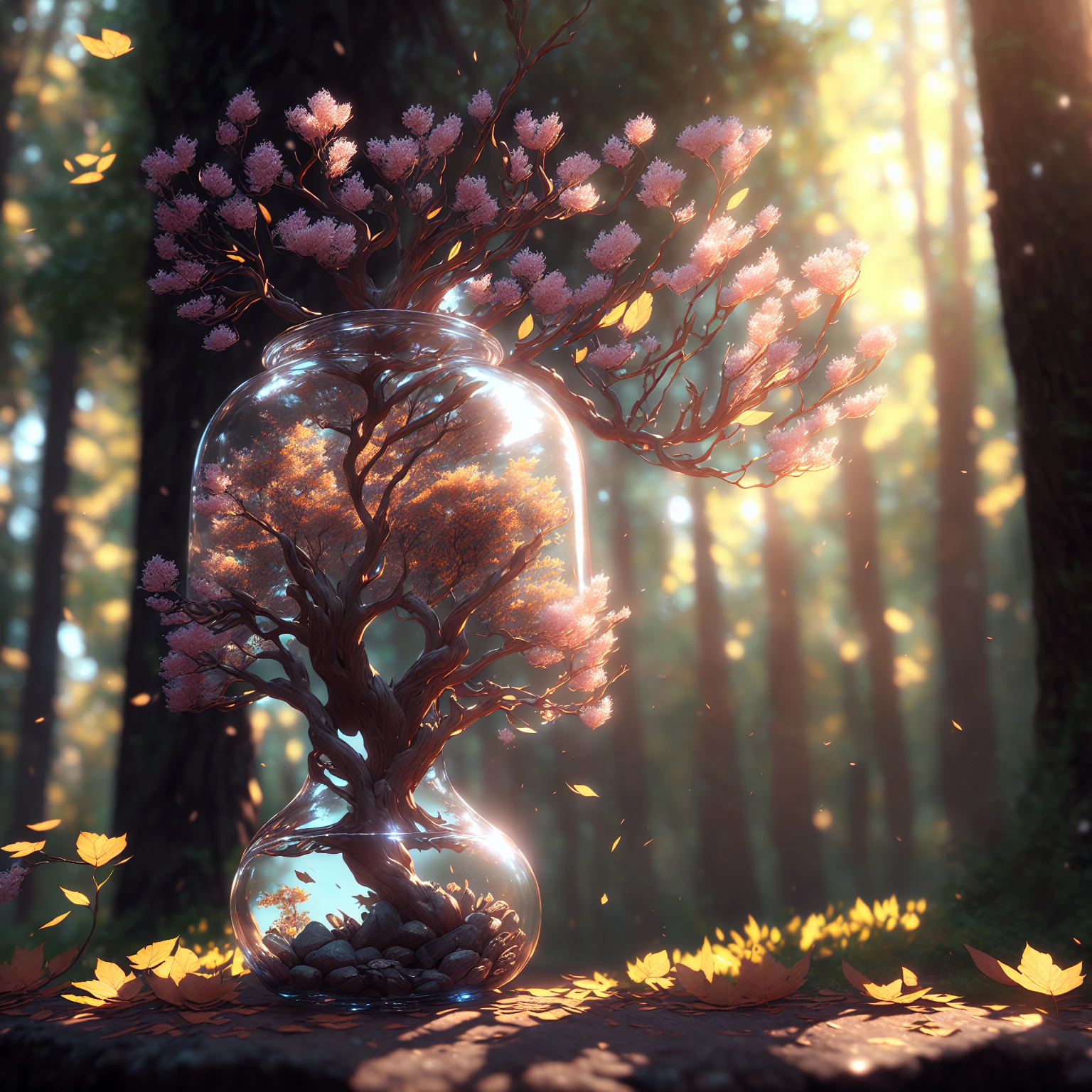 dreamlike art tree in a bottle, fluffy, realistic, photo, canon, dreamlike, art, colorful leaves and branches with flowers on top of its head. hyperdetailed photorealism by greg rutkowski - h 1024 w 804 | f 1 6 lens mark 2:2 s 3555 mm film grain :1 lifelike high res sharp focus contrast!! intricate detailed atmospheric light refraction lighting unreal engine 5 cinematic concept photography masterpiece octane render trending at cgsociety rendered as