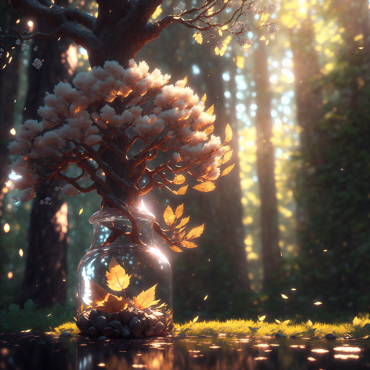 dreamlike art tree in a bottle, fluffy, realistic, photo, canon, dreamlike, art, colorful leaves and branches with flowers on top of its head. hyperdetailed photorealism by greg rutkowski - h 1024 w 804 | f 1 6 lens mark 2:2 s 3555 mm film grain :1 lifelike high res sharp focus contrast!! intricate detailed atmospheric light refraction lighting unreal engine 5 cinematic concept photography masterpiece octane render trending at cgsociety rendered as