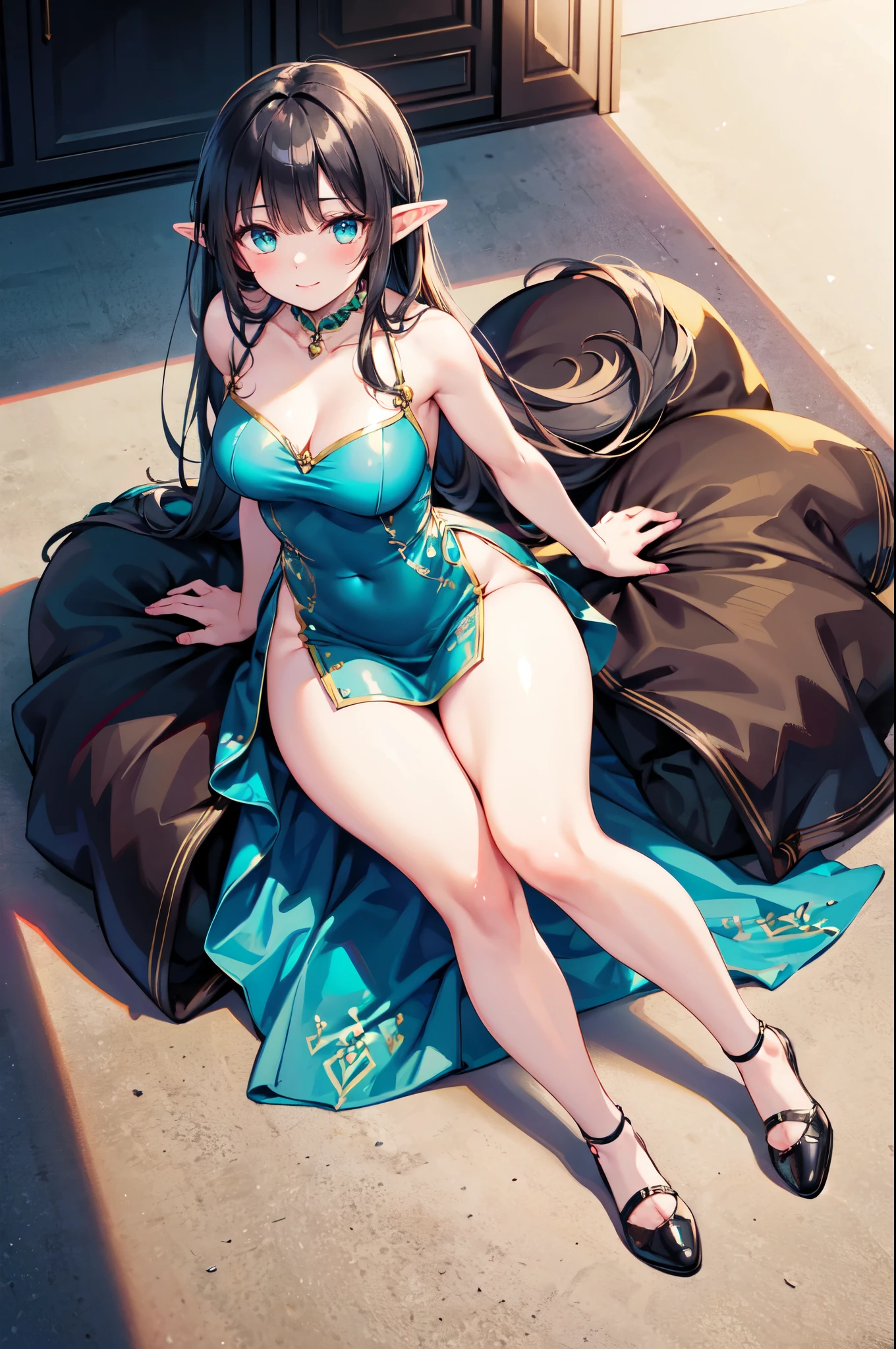 realistic image, detailed image, coherent image, 1 beautiful elf, she has very long hair, black hair, turquoise eyes, smiling, She is wearing a dongtan dress, showing her legs, She has a curvy body, medium breasts and thighs thick, She is sitting, posing sensually, arms hidden behind her back, chest sprouting, back arching, full body view, view from above, Soft focus, Dramatic shadows, Volumetric lighting, natural lighting, artificial lighting, White background,