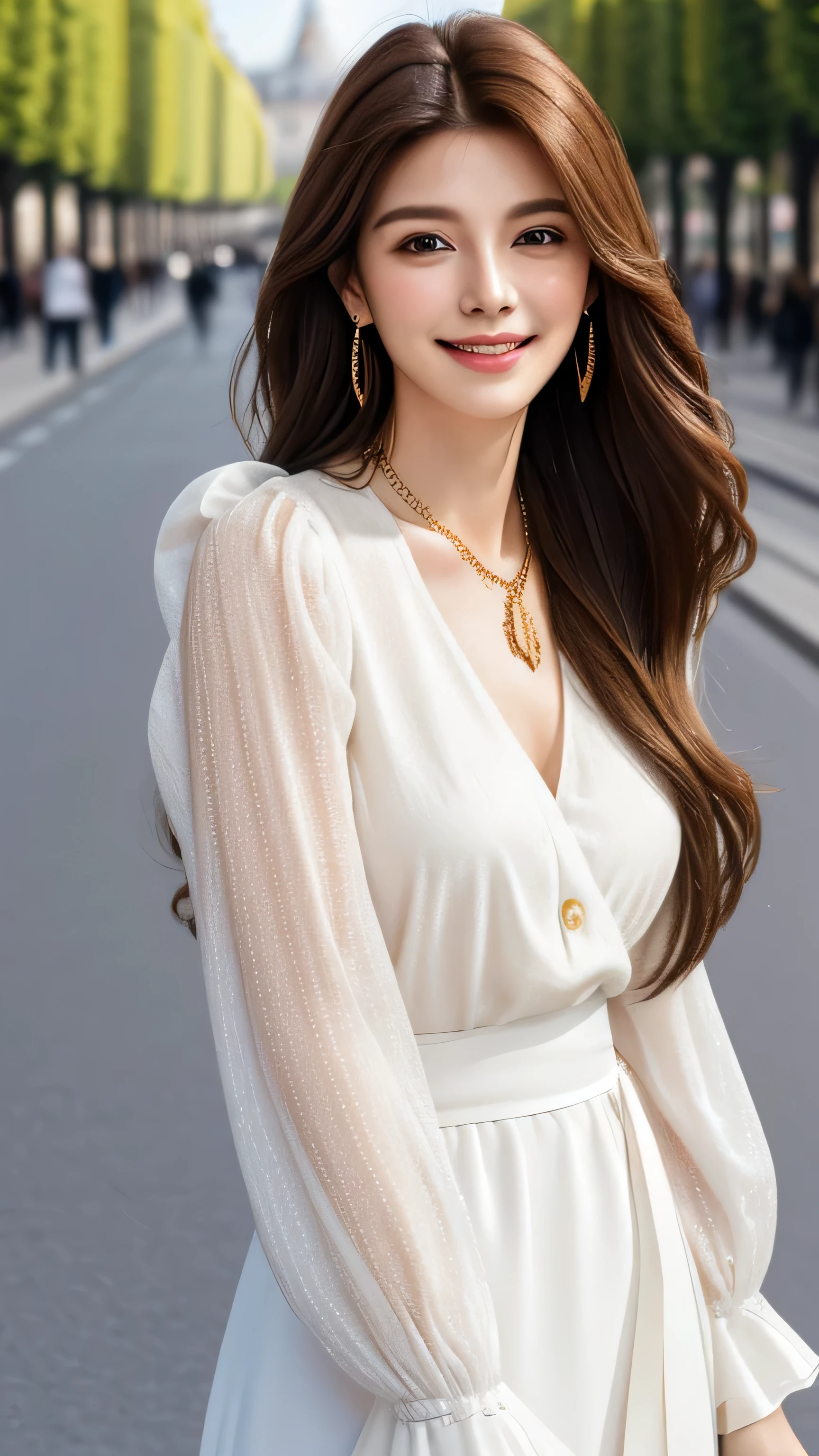 masterpiece, Highest quality, Realistic, Super detailed, In detail, High resolution, 8k wallpaper, One beautiful woman, Light brown hair, Sharp focus, Perfect dynamic composition, Beautiful attention to detail, Fine hair, Detailed and realistic skin texture, smile, Portraiture, Model Body Type, Stroll along the Champs-Élysées、Long straight hair_Hair reaching down to the waist、gold necklace_Large earrings、shy smile、wearing frilled white shirt_Long see-through sleeves Waiting for start