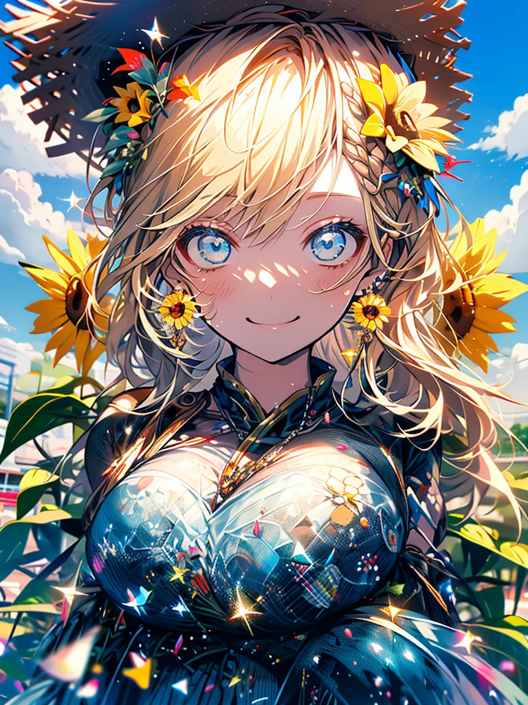 girl、1 person、ponytail、Straw hat、Blonde、Earrings、smile、Low - Angle、masterpiece、Highest quality、background、sunflower