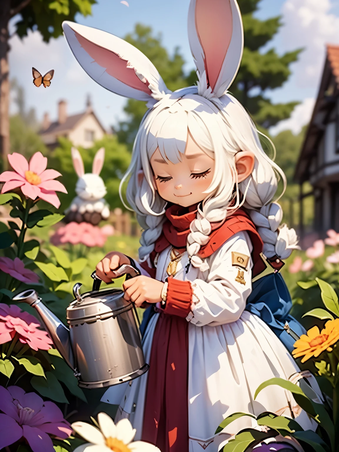 (3D,3D Art),#quality(8k,wallpaper of extremely detailed CG unit, masterpiece,hight resolution,top-quality,top-quality real texture skin,hyper realisitic,increase the resolution,RAW photos,best qualtiy,highly detailed,the wallpaper,golden ratio), BREAK ,solo,#1girl(human,chibi:2.0,cute,kawaii,,white hair,very long hair,long hair,fluffy white rabbit ear:,red eye:1.1,eyes closed,beautiful shiny eye,skin color white,big hairbow,white frilled dress:1.3,breast,a small rabbit tale at hip,slight smile,watering flower in the pot by 1watering can), BREAK ,#background( at the small garden of her house,a small old neat cute house,many butterflies),from side,(white rabbit ear:1.4),dynamic angle