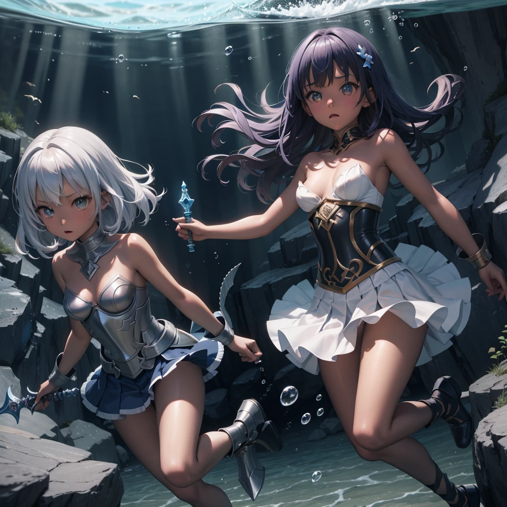 最high quality、high quality、Simple Cloth Armor、Chibi Girl Adventurer、Tiny breasts、Pitch-dark underground labyrinth、No light、skirt、Equipped with a dagger and a shield、Face above water、Body in water, Underwater photography、浮力でskirt捲れる