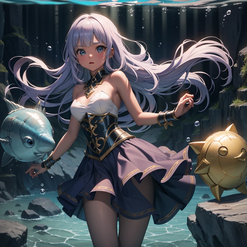 最high quality、high quality、Simple Cloth Armor、Chibi Girl Adventurer、,Pitch-dark underground labyrinth、No light、skirt、Equipped with a dagger and a shield, Head above water、Lower body underwater, Underwater photography、浮力でskirt捲れる