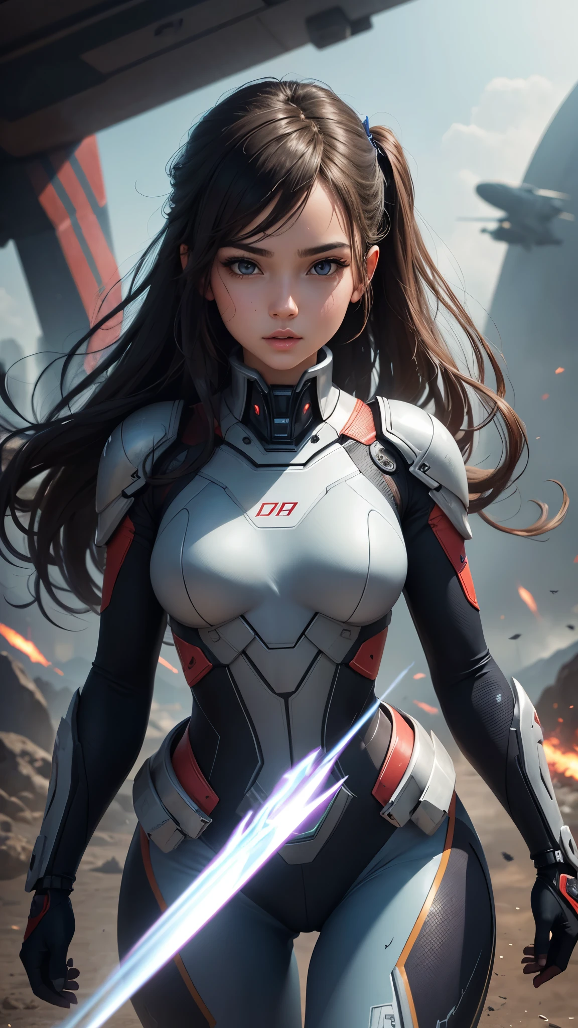 (Perfect Anatomy:1.4,Highest quality、超High resolution、High resolution、Highly detailed CG、8K Unit Wallpaper),((Biologically correct limb count))、(Symmetrical facial features))、Eyes with detailed description、Beautiful woman、Excellent style、(thin)、Facial detailing,masterpiece、Vibrant, Imaginary image of a girl in a mecha suit, ((Fly gracefully across the battlefield of the future)). The girl is full of energy, Bright colors contrast with muted hues, The mechanical beauty of the suit. The suit&#39;s vibrant colors and intricate details、Sophisticated, Mecha futuristic design.