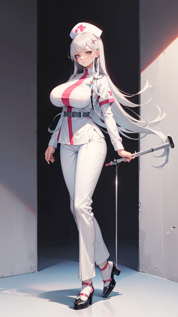 ((blank background)), masterpiece, best quality, silver hair, (massive breast:1), ((full body framing)), symmetry, nurse woman, nurse uniform, 
nurse cap, long pants