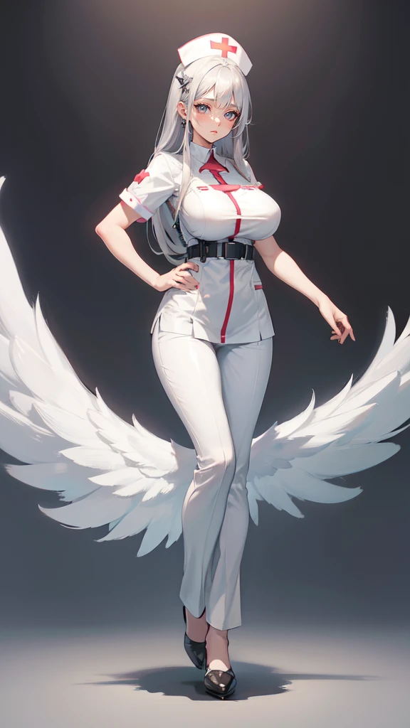 ((blank background)), masterpiece, best quality, silver hair, (massive breast:1), ((full body framing)), symmetry, nurse woman, nurse uniform, 
nurse cap, long pants