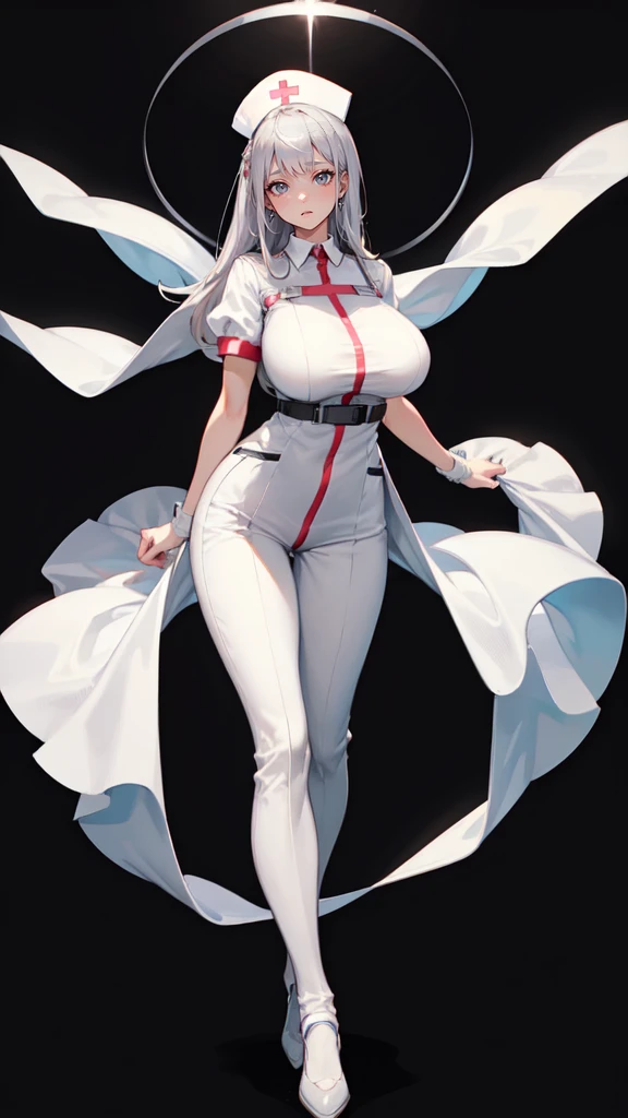 ((blank background)), masterpiece, best quality, silver hair, (massive breast:1), ((full body framing)), symmetry, nurse woman, nurse uniform, 
nurse cap, long pants