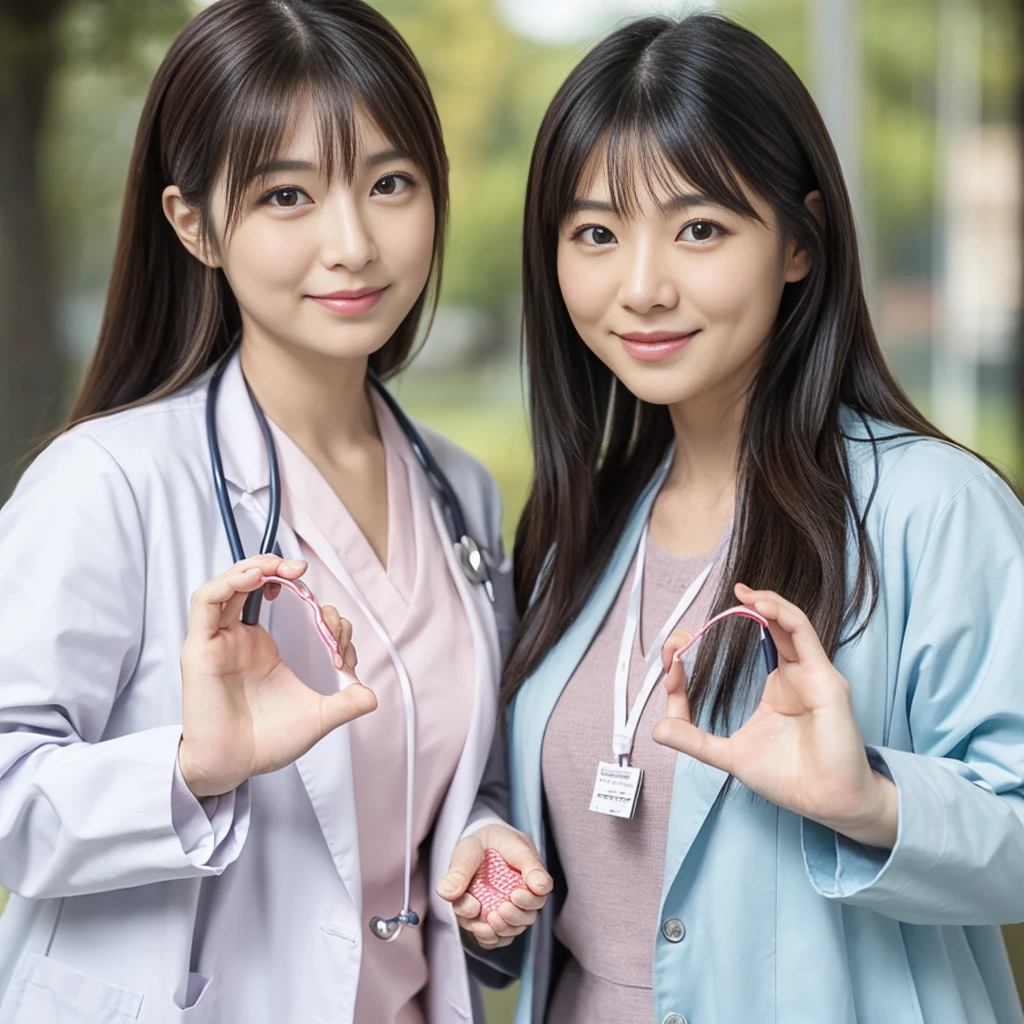 (heart_hands_duo:1.4), Beautiful Japanese female doctor wearing (white labcoat) and teal scrubs with cute Japanese female nurse wearing pink nurse uniform , beautiful detailed face, Japanese woman, pale skin, realistic skin, detailed cloth texture, detailed hair texture, Perfect proportion, Beautiful Face, accurate, Anatomically correct, Highly detailed face and skin texture , (looking at viewer:1.2)