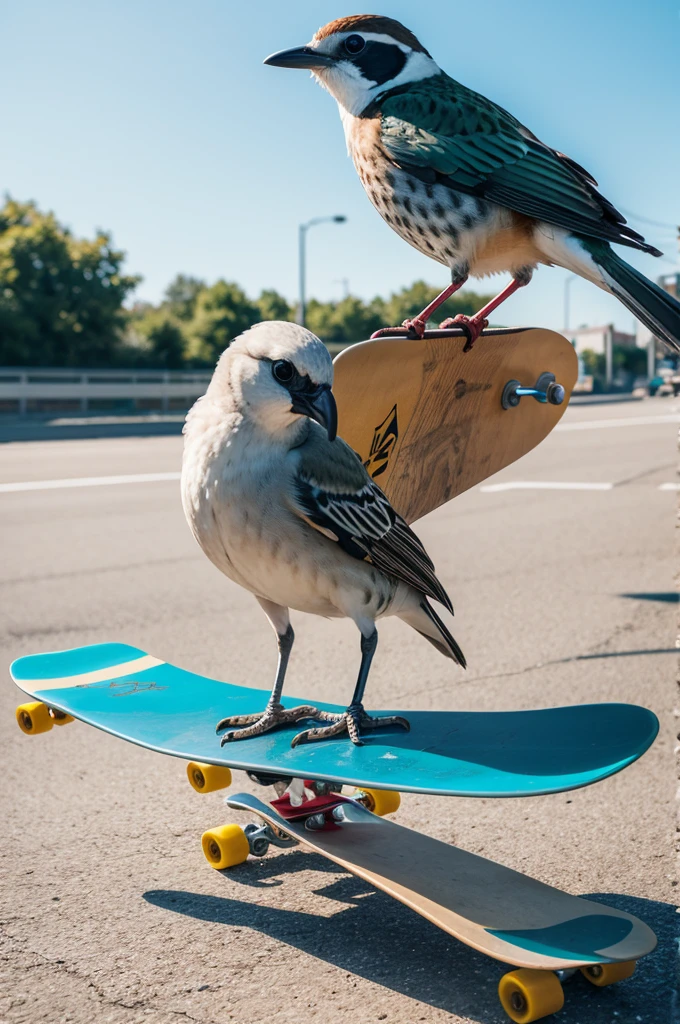 A bird riding a skateboard