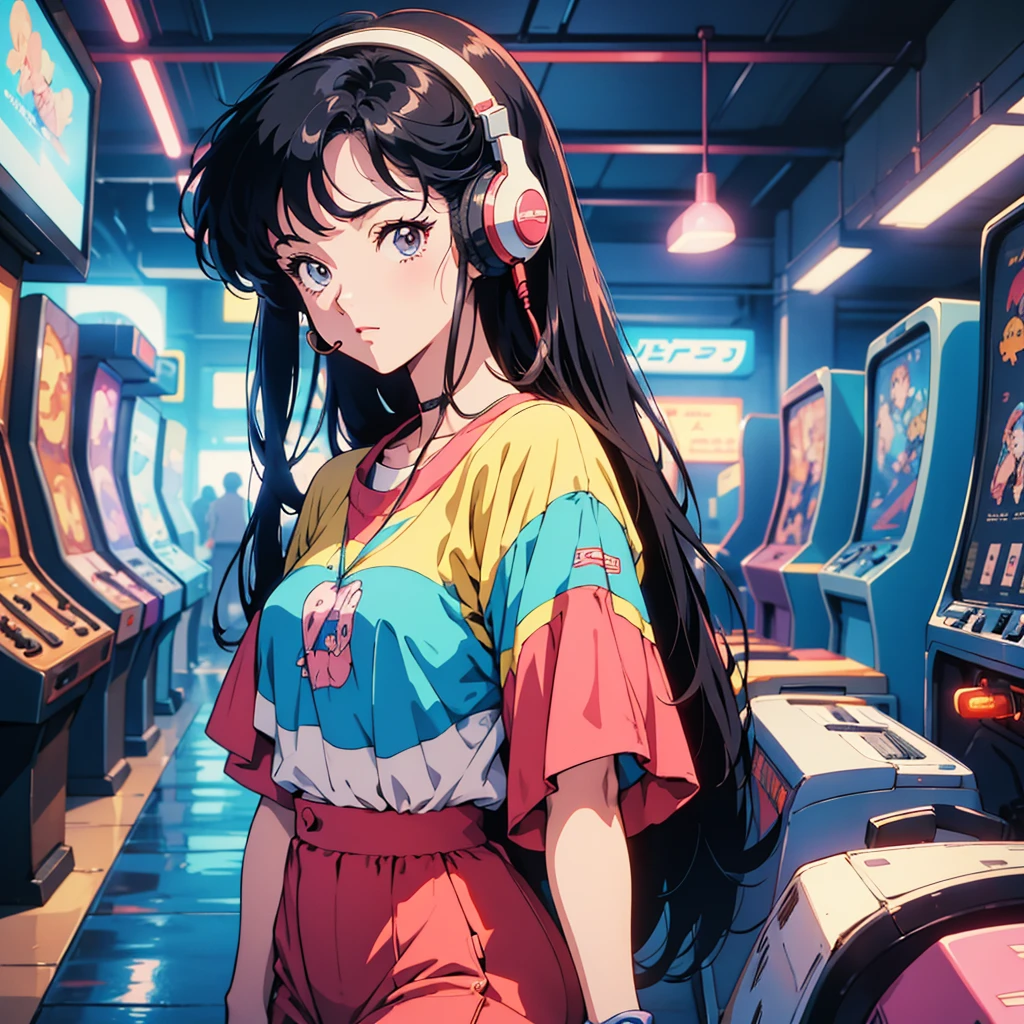 Retro arcade anime girl, 80年代のAnime atmosphere, 80s anime style, Retro Anime Girls, 1980's anime style, Retro anime images, Anime atmosphere, Playing games, Smoking、４ｋ、Wearing headphones