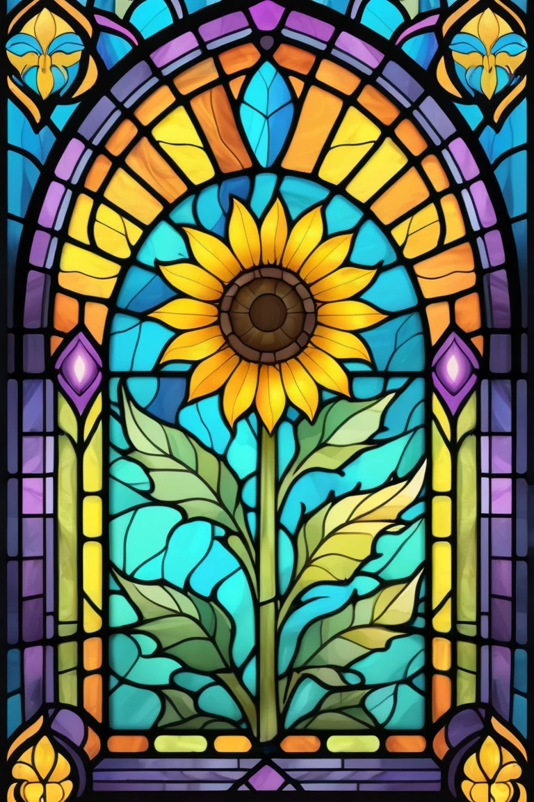 2D Stained Glass soft,pastel colors,sunflower in window frame. dungeons and dragons art. symmetrical design, in the style of stained glass. Digital stained glass style. pastel color scheme