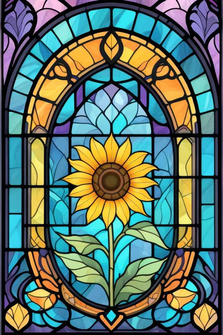 2D Stained Glass soft,pastel colors,sunflower in window frame. dungeons and dragons art. symmetrical design, in the style of stained glass. Digital stained glass style. pastel color scheme