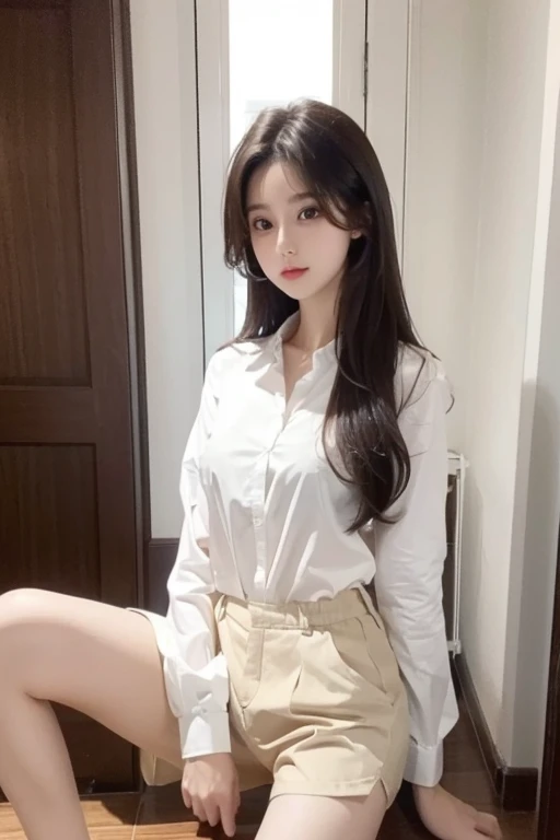 A girl with prefect body long brown hair white shot shirt and short pant long lage fulbody girl pretty eyes