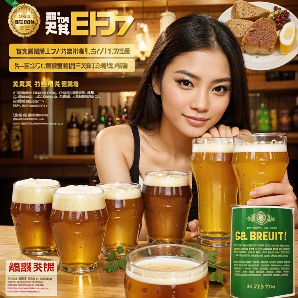 ((best quality)), ((masterpiece)), (detailed), 1girl, beer promotion flyer, holding 2glasses of beer, cheer posing