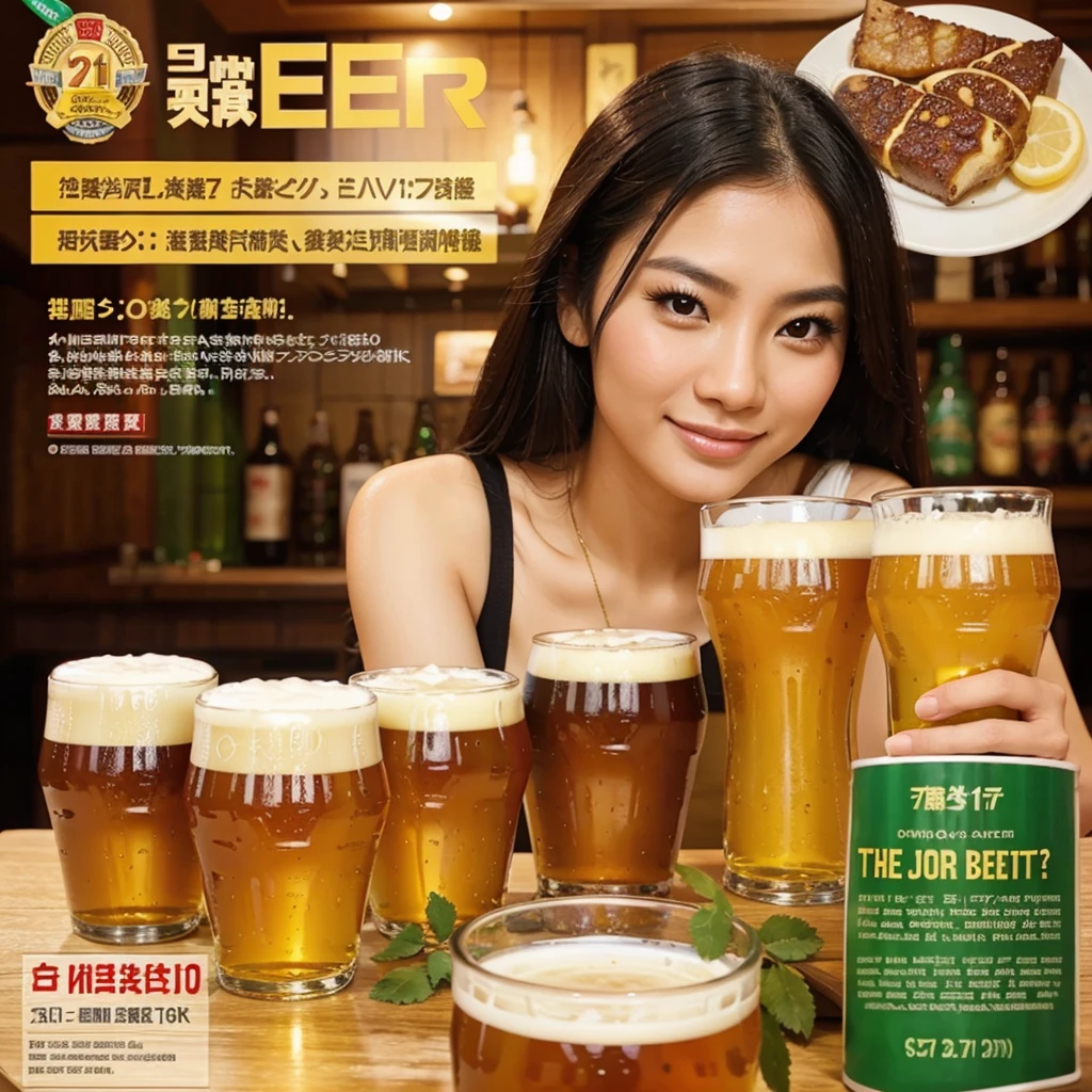 Beer promotion flyer, beauty asian, holding 2 glasses of beer