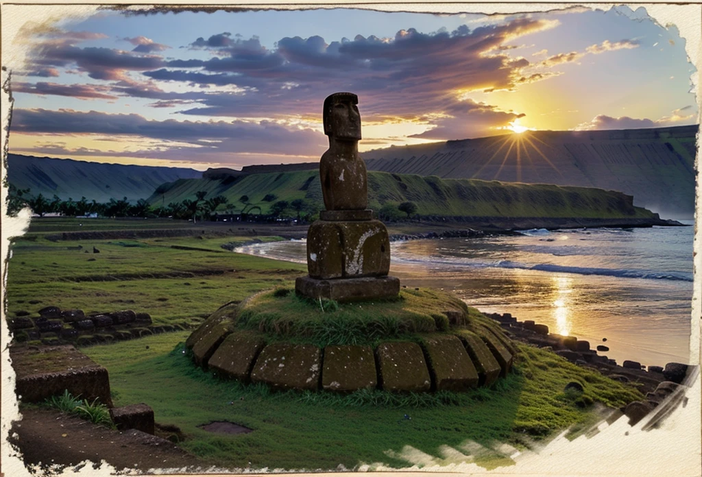 august macke style watercolor painting RapaNui at Easter island under sunset