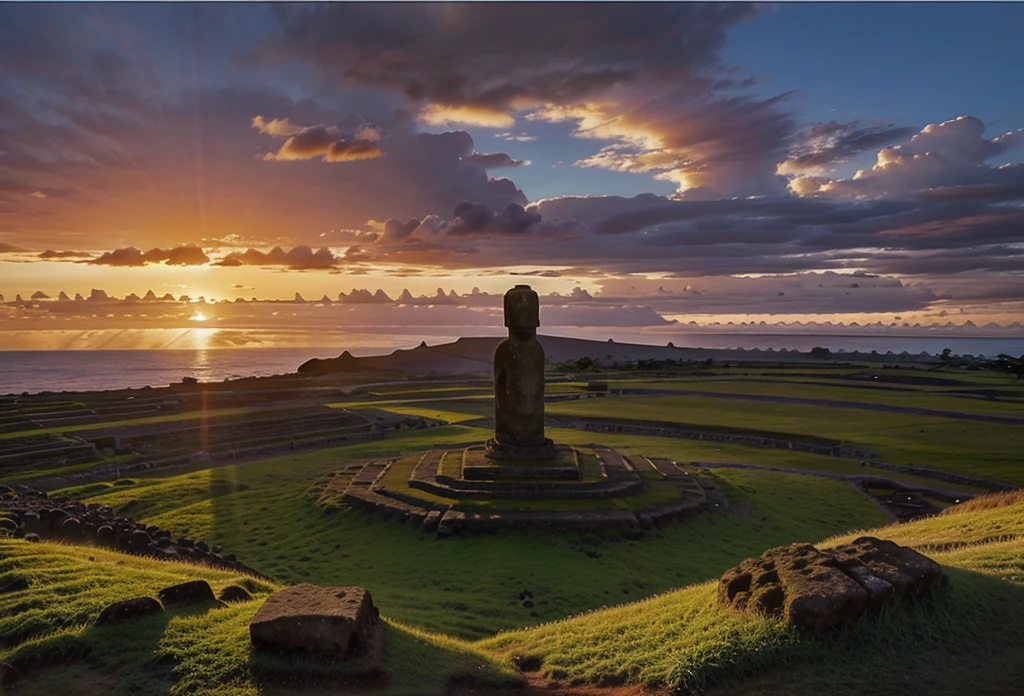 loose watercolor painting RapaNui at Easter island under sunset