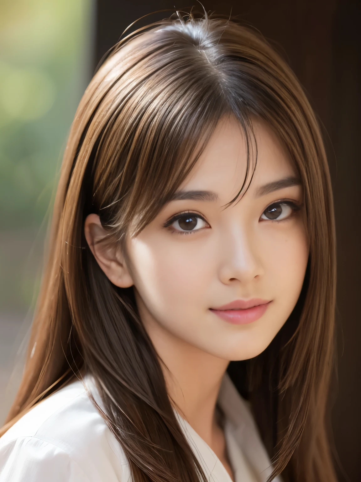 (RAW Photos), (Photorealistic), (masterpiece), (Highest quality), High resolution, 8K resolution, (Intricate details), (Light and voluminous), Portraiture, woman, Medium Hair, Straight hair, Layered Hair, Brown Hair, Highly detailed eyes, Very fine eyebrows, Highly detailed skin, Highly detailed mouth, Highly detailed nose, Cute like an idol, smile, ((Thick lips)), ((look into the viewer'Eyes)), (Shapely breasts), (Cleavage), (Elegant see-through blouse), (Westshot), Bright cafe terrace background with cityscape view, Bodies facing random directions,