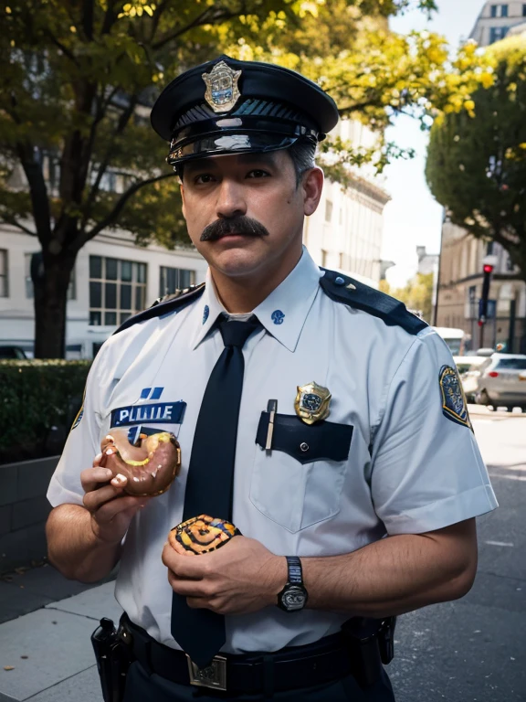 A PS5 video game disc cover, in the style of Call of Duty, the front depicts an African American police officer in uniform, overweight, smiling, moustache, holding a donut, ((The heading is "Call of Duty: BLACK COPS")), masterpiece, 4k, photorealistic, call of duty font, a half and half background of New York and Los Angels in the background, PG 16 logo on bottom of cover, N-Vidia, logo on cover, Activision logo on cover,