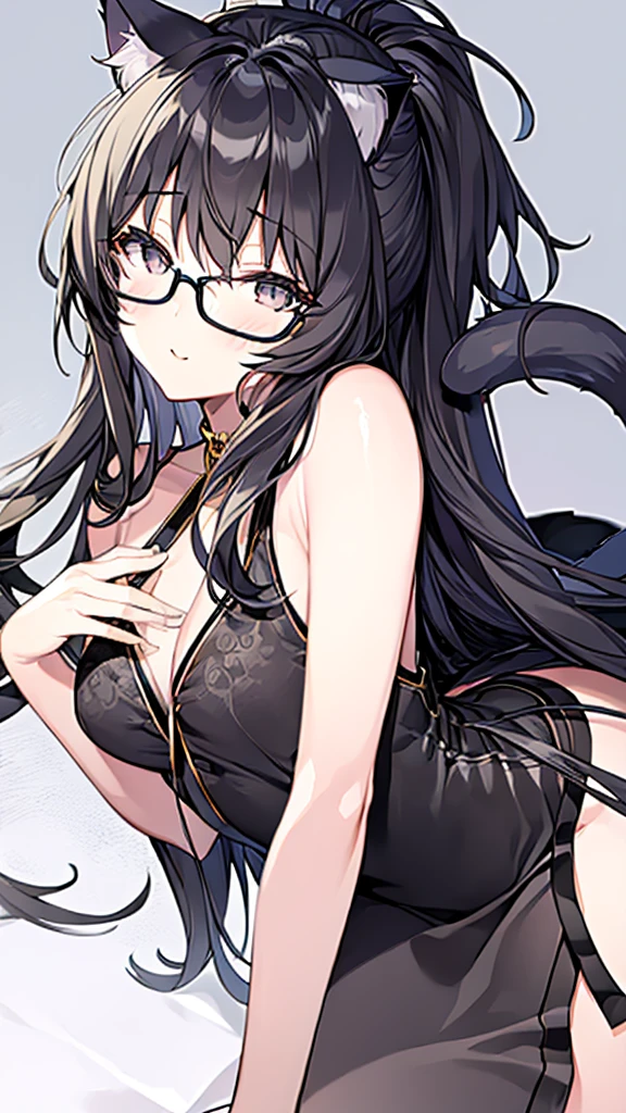 A 20-year-old cat girl with long black hair, gray eyes, cat ears and a cat tail, wears glasses, black  long dresses sexy, sleeveless