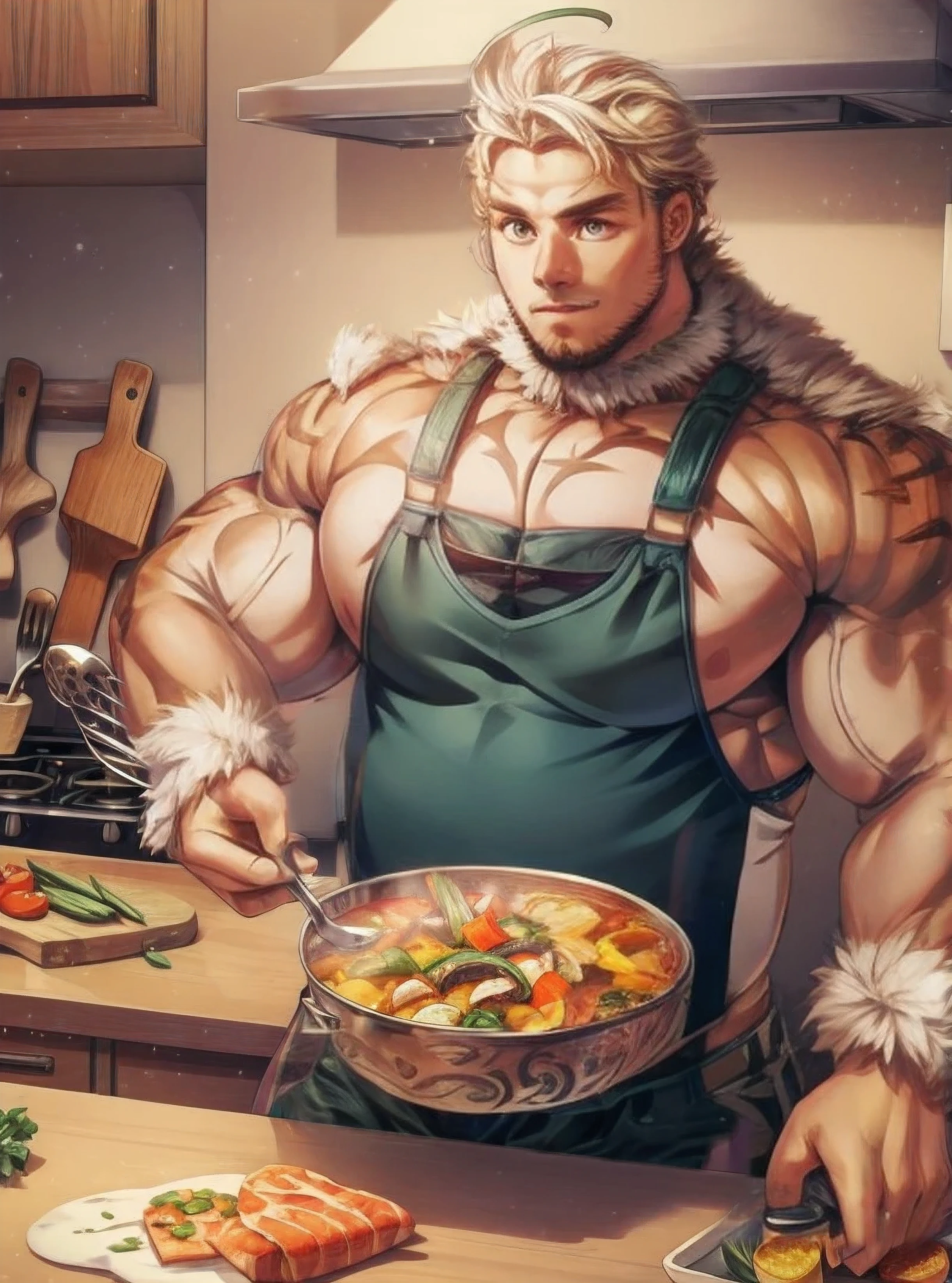 "A powerful and seasoned chef,(hombretigee) with bulging muscles, passionately cooking in a vibrant kitchen filled with the aroma of sizzling vegetables, mustached old man, wearing glasses, detailed, high detailed, realistic, perfect hand."