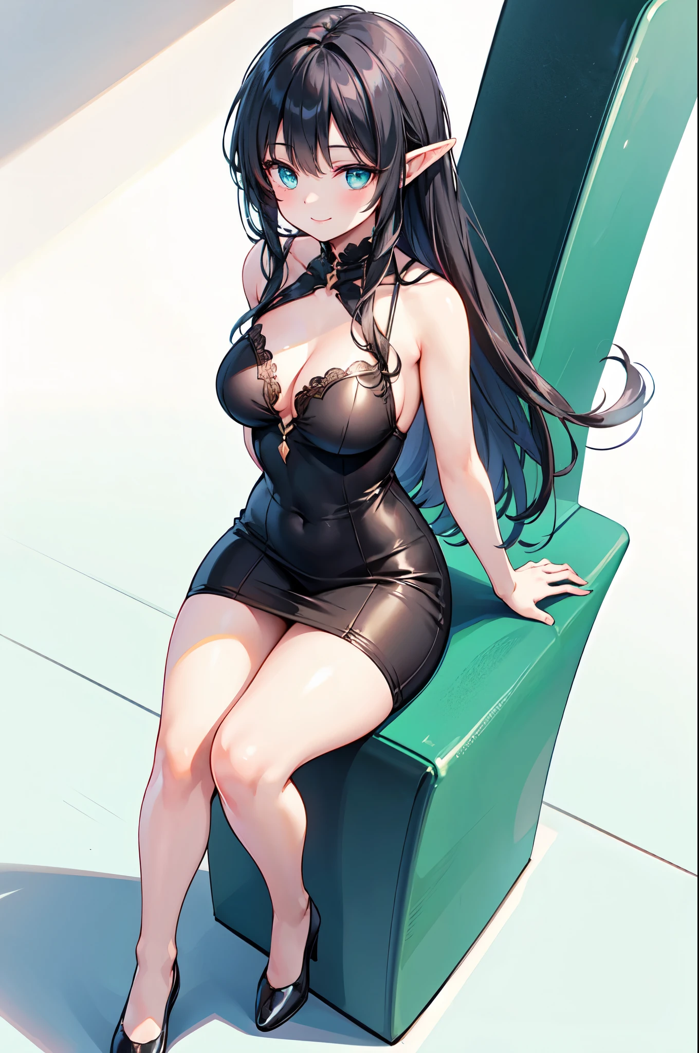 realistic image, detailed image, coherent image, 1 beautiful elf, she has very long hair, black hair, turquoise eyes, smiling, She is wearing a dongtan dress, showing her legs, She has a curvy body, medium and thighs thick, She is sitting, posing sensually, arms hidden behind her back, chest sprouting, back arching, full body view, view from above, Soft focus, Dramatic shadows, Volumetric lighting, natural lighting, artificial lighting, White background,