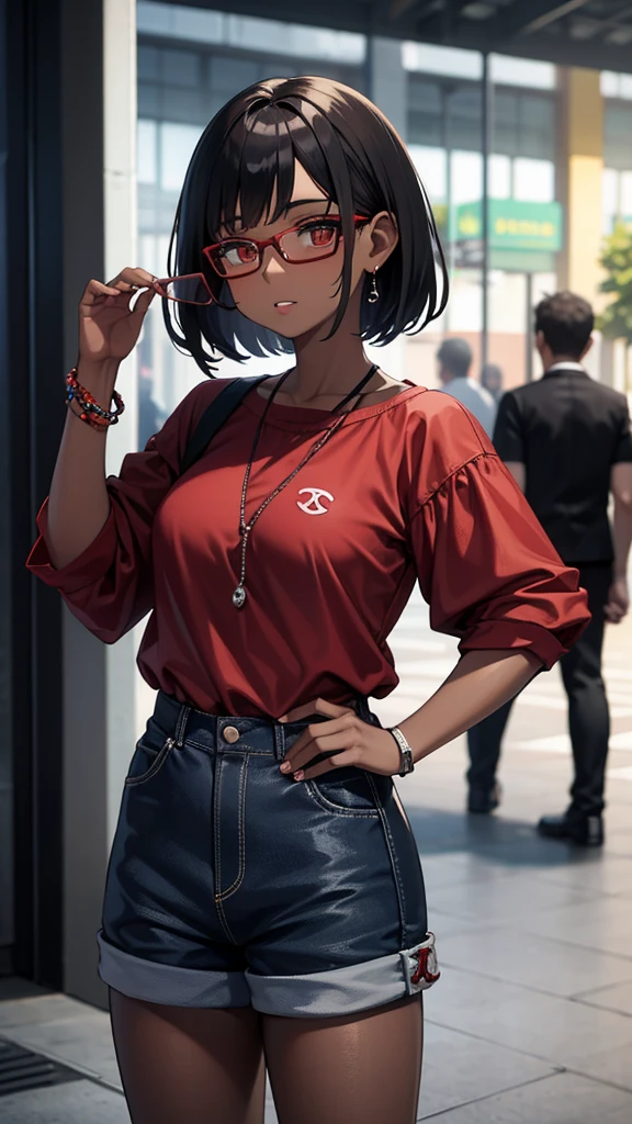 with red over-the-shoulder Chanel hair who wears glasses with a loose blouse and shorts and a dark-skinned male friend who wears glasses, low hair with everyday clothes