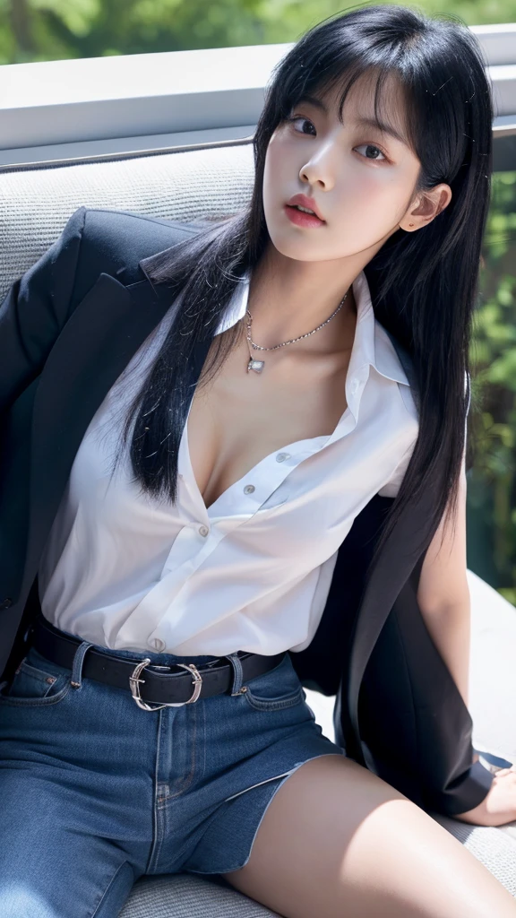 Blackpink's Kim Jennie with black hair, pale skin, japanese, con cara de doll, large eyes, fat and round lips, ojos de doll (doll), with black eyes, big chest.
blue shirt, thin straps, prominent neckline and big chest.
Black hair Sitting with view from above Provocative pose