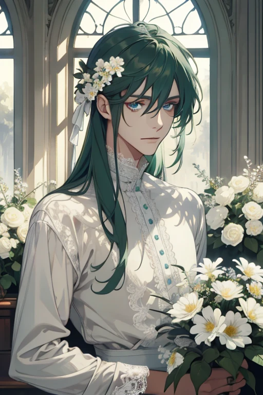 1 man, 31 years, Realistic, master-piece, bestquality, Beautiful, detailed eyes and detailed faces.,natural light, European retro, White shirt, lace, Long dark green hair, blue grey eyes, attractive, depressed, Decorative flowers, sunbeam, 31 years.