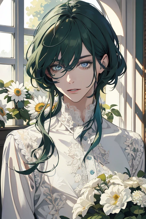 1 man, 31 years, Realistic, master-piece, bestquality, Beautiful, detailed eyes and detailed faces.,natural light, European retro, White shirt, lace, Long dark  green hair, blue grey eyes, attractive, depressed, Decorative flowers, sunbeam, 31 years.