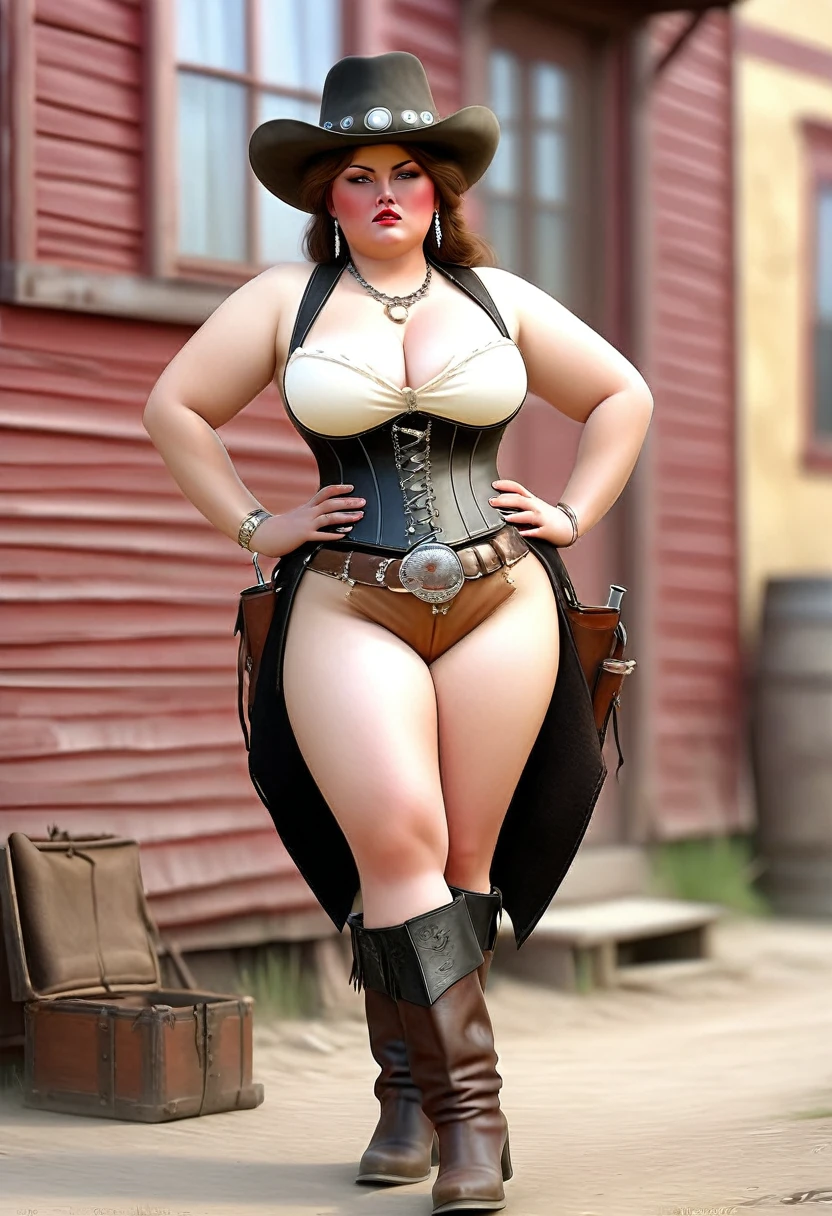 fat woman , forty years old , wearing only a leather corset and leather cow girl boots , leather hat on head, naked body, no panties, smoking a ciggarete, in a Old West city, 1890's, fullbody view,10 meters farway of the camera, holster with two revolvers on waist