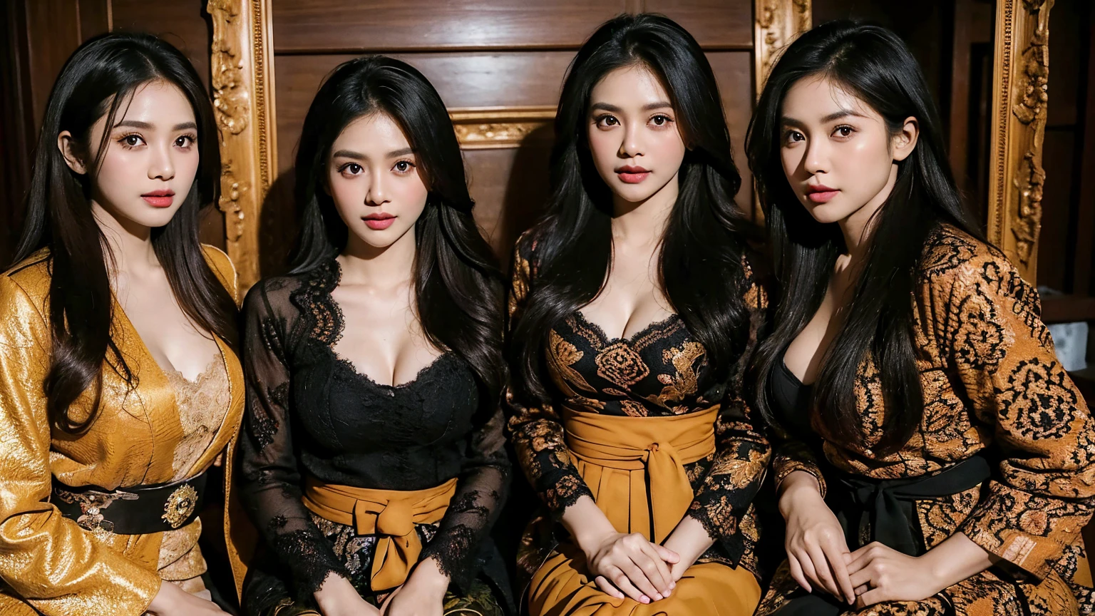 Potrait of 3 wife Indonesian girl and ((1 man husband wearing coat )), Polygamy,long fashion hair, fit body, small cleavage, skintight black lace kebaya, batik skirt, masterpiece, highly detailed, ultra hd, 8k, detailed face, bright eyes, perfect eyes, detailed skin texture, detailed lips, sexy lips, perfect hands, dynamic angle, cowboy shot, rich family
