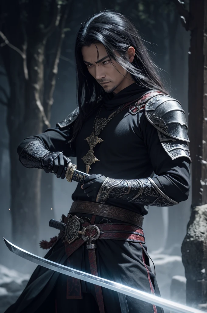Now the katana exuded a divine aura. His blade was forged from a black metal with glowing runes., and the hilt was adorned with ancient dragon scales and inscriptions from ancient divine languages.