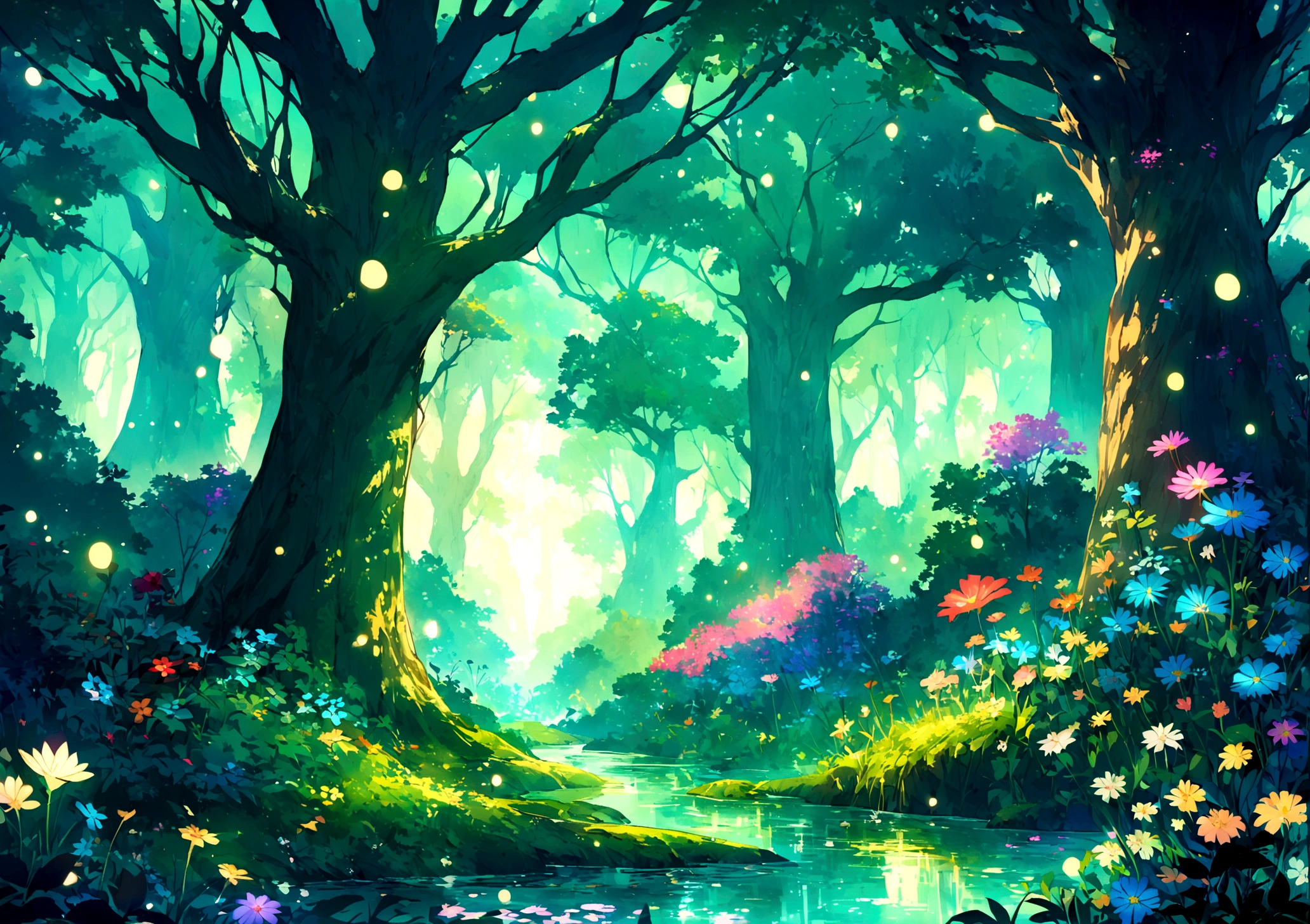 Create a high-quality, highly detailed fantasy-style anime forest scene with vibrant colors and an abundance of green. The forest should be lush and magical, filled with a variety of plants, trees, and foliage in different shades of green. Include numerous colorful flowers scattered throughout the scene, adding to the enchanting atmosphere. Focus on intricate details such as mystical flora, sparkling streams, and glowing light effects. Ensure there are no characters, just the serene and magical scenery, capturing the essence of a tranquil, otherworldly forest.