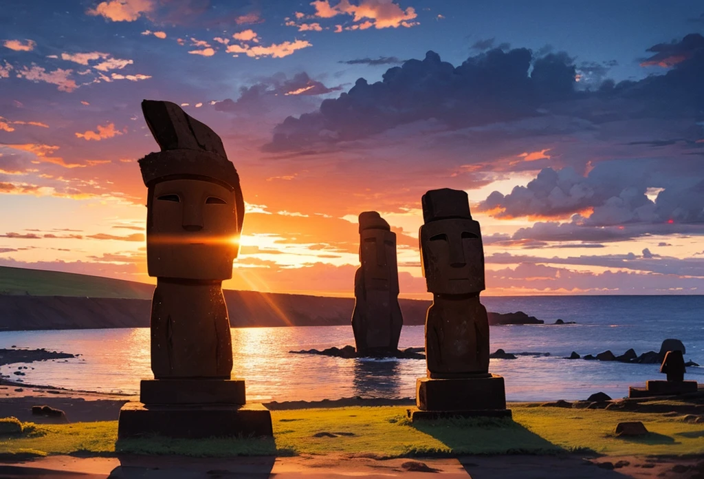 loose watercolor painting RapaNui at Easter island under sunset