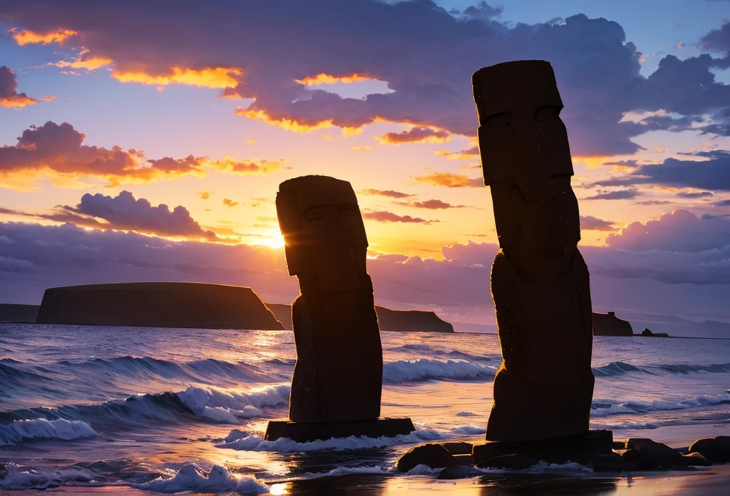 loose watercolor painting RapaNui at Easter island under sunset